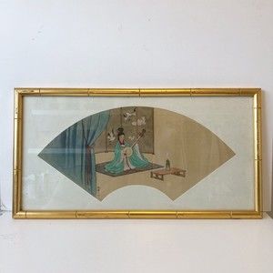 Chinese Print On Silk Painting of Geisha Girl Playing Instrument Cranes Framed